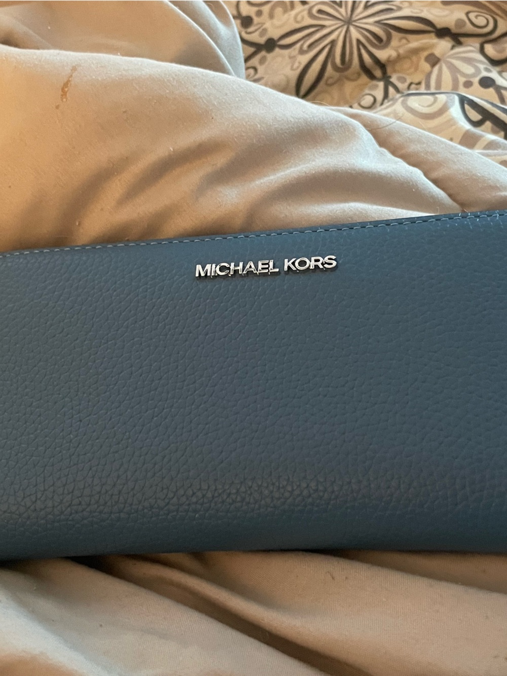 Michael Kors blue Pebbled Leather Continental Wallet with Silver Logo New